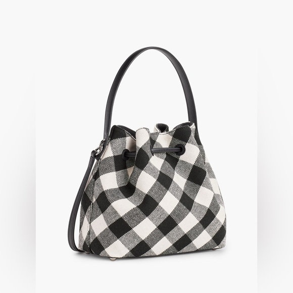 Talbots Black and Gray Buffalo Plaid Drawstring Bucket Crossbody Bag - Picture 1 of 12